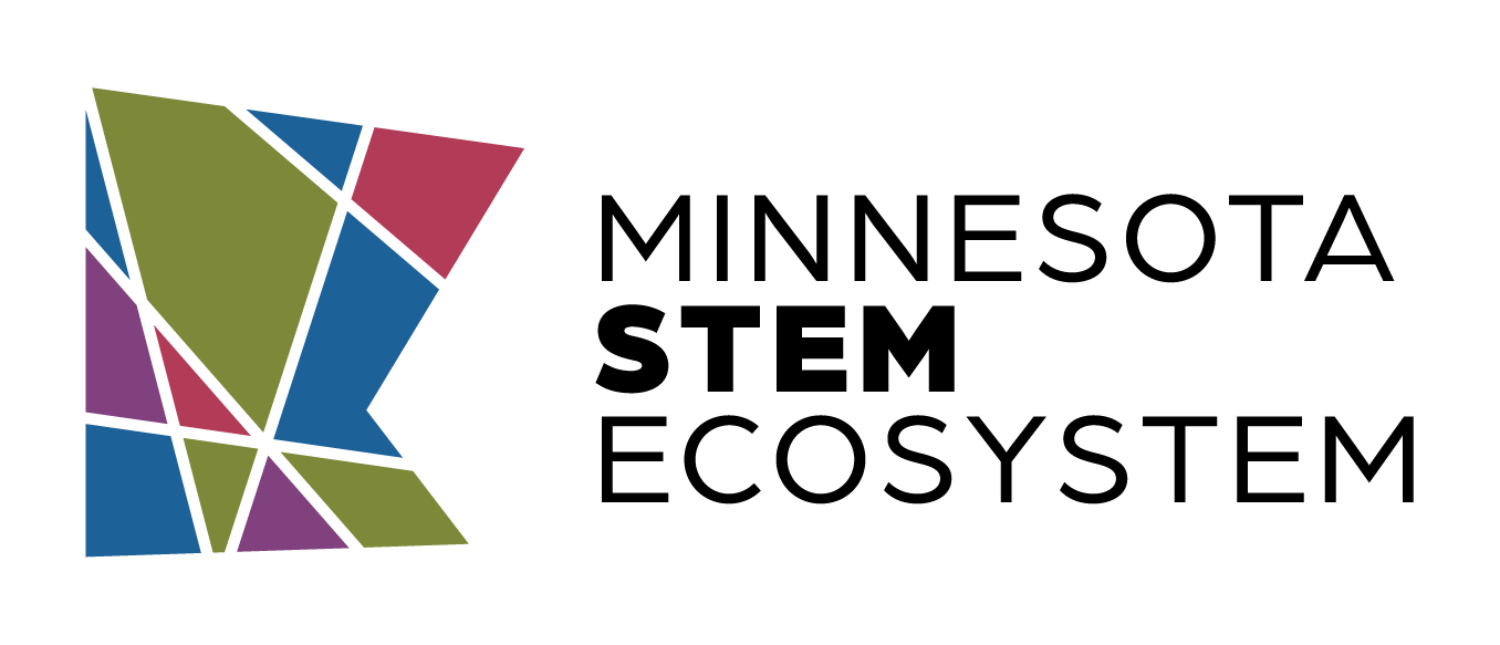 Logo with a stylized map of Minnesota in blue, green, red, and purple geometric shapes next to the text "Minnesota STEM Ecosystem" with "STEM" in bold black letters.